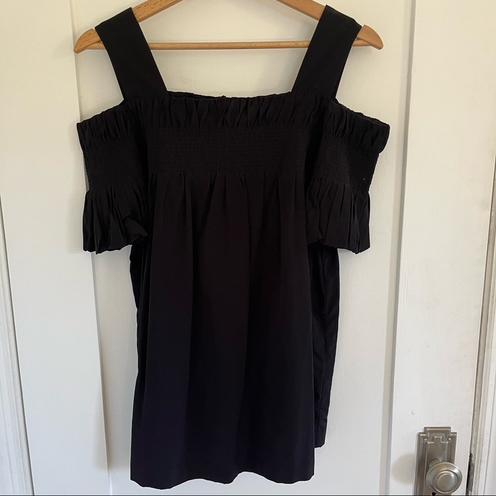 Dries Van Noten cold shoulder short sleeve taffeta black blouse